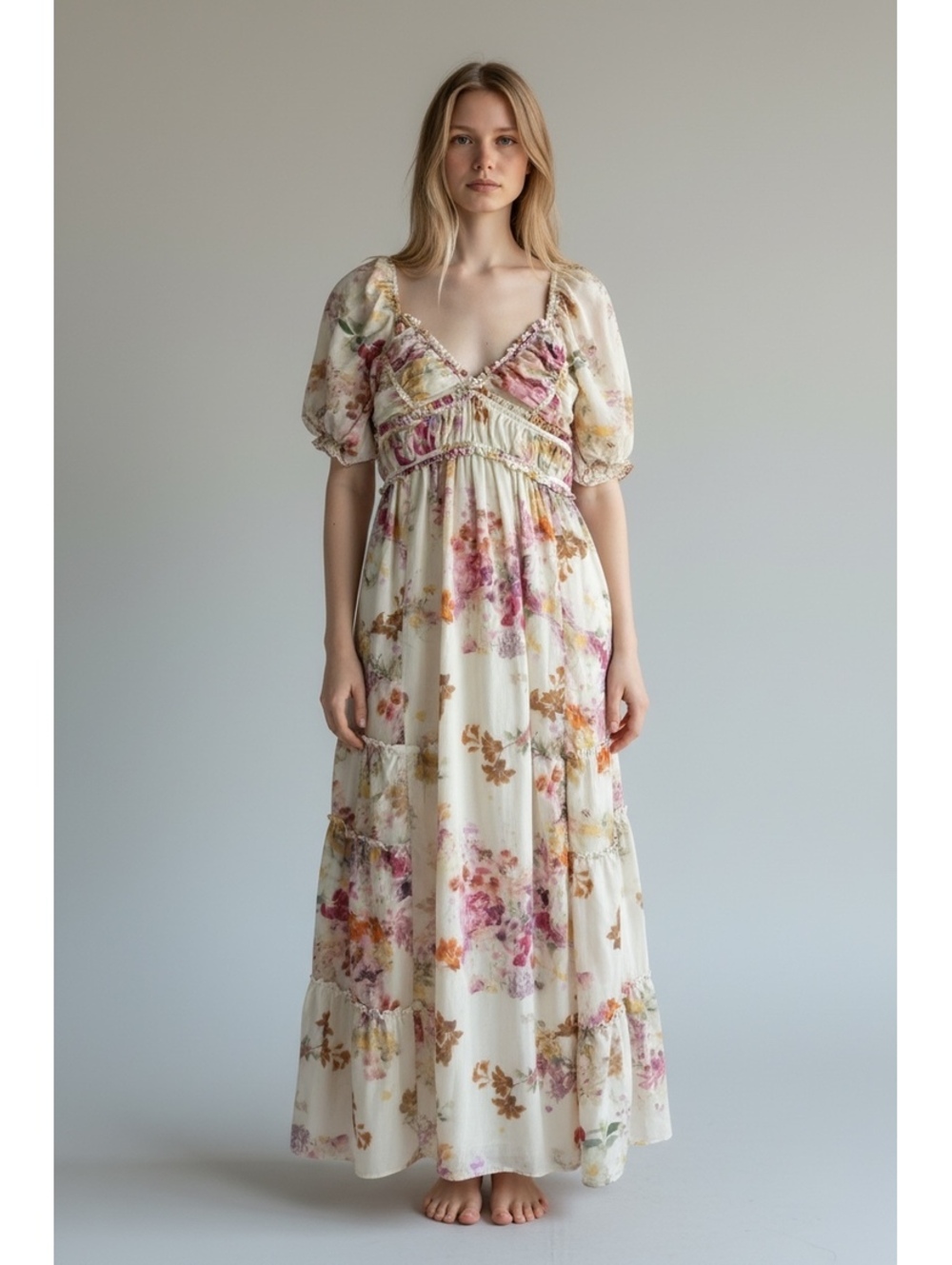 Lulus Madison Ruffle Whimsical Cottage Puff Sleeve Floral Maxi Dress NWT Size M